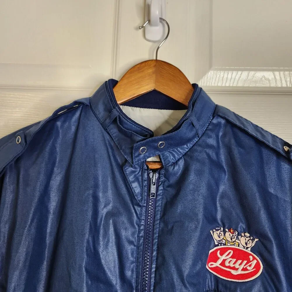 Vintage 80s Whang Sports Apparel Lay's Embroidered Blue Racer Jacket Sz L USA